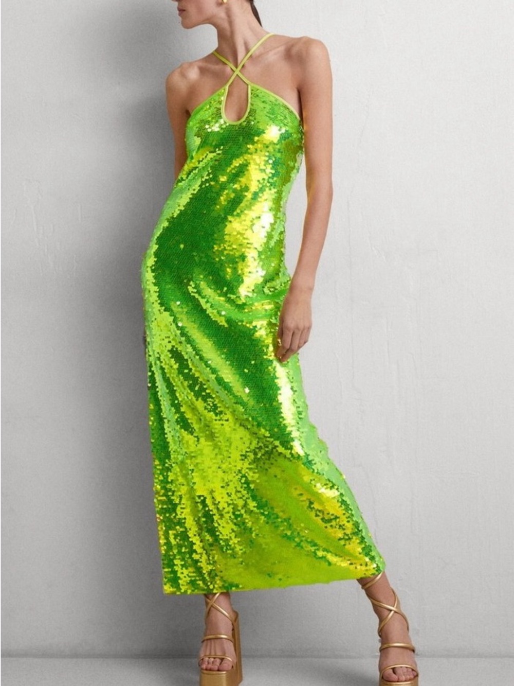 Cult Gaia NWT Lily Crisscross-Strap Sequin Maxi Dress in Acid Fern Green Medium - Picture 4 of 11